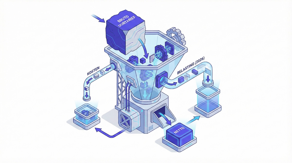 Schema van de opbouw van een uurtarief: kosten, belasting, risico en netto inkomen