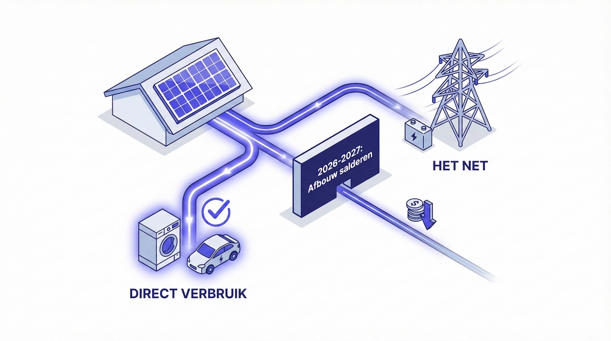 Alt tekst: Stroomschema dat 'Direct Verbruik' (efficiënt) vergelijkt met 'Terugleveren' (minder opbrengst na 2027)